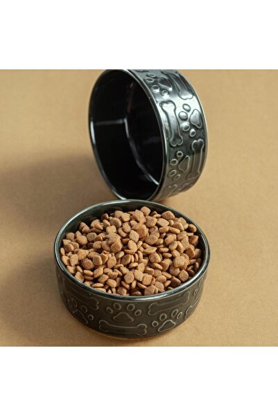 Pettrend Haki Kedi Köpek Mama Kabı 2li Seramik Kabartmalı Kedi Köpek Mama ve ...