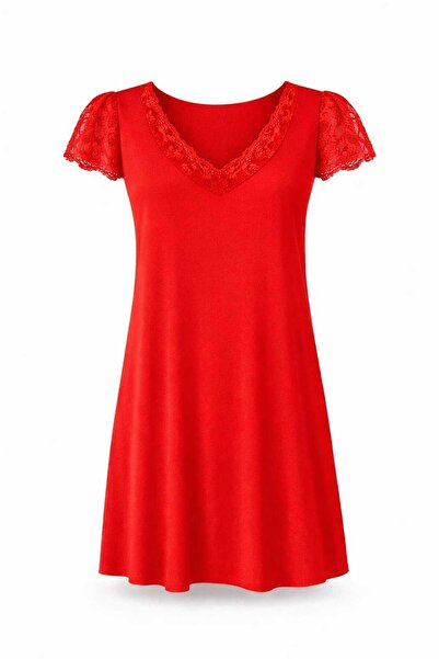 GOB Büyük Beden GoB Signature - Kadın Dantel Kollu V Yaka Viskon Gecelik - Ra...