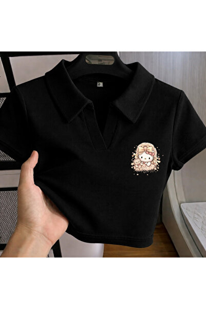 Gofeel هاراجوكو ياردودر سترات صيفية سوداء بياقة بولو ناعمة بلون البلاش كيتي ب...