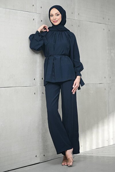 İmajButik Σετ Τένσελ με Παντελόνι Τουνίκ σε Ναυτικό Μπλε χρώμα Bel Με δέσιμο