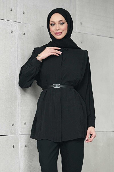 İmajButik Μαύρο Πουκάμισο Τουνίκ με Κρυφή Πλισέ Λεπτομέρεια στη Μέση, Ζώνη τε...