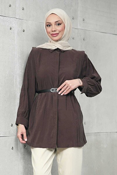 İmajButik Brown Hidden Placket Waist Tunic Shirt with Belt Pockets Modal Woven