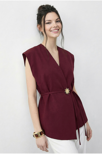 Bianco Lucci Women's Stylish Buttoned Belted Woven Vest 11145 60283987