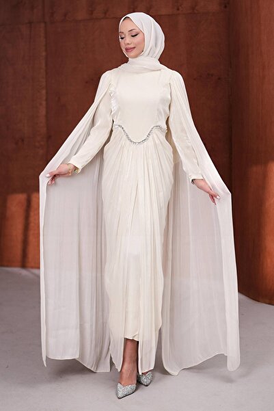 İmajButik Cream-Colored Draped Front Stone-Embellished Evening Dress