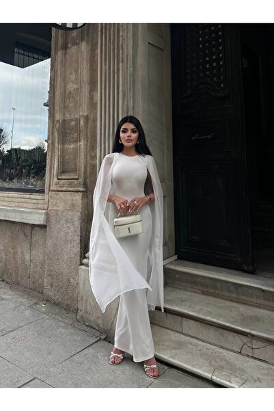 maf collection Γυναικείο Λευκό Σιφόν Φόρεμα με Μανίκια Κάπα, Μακρύ Βραδινό Φό...