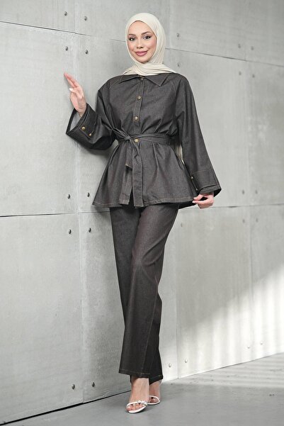 İmajButik Καφέ Σακάκι με Ζώνη και Παντελόνι Τζιν Σετ