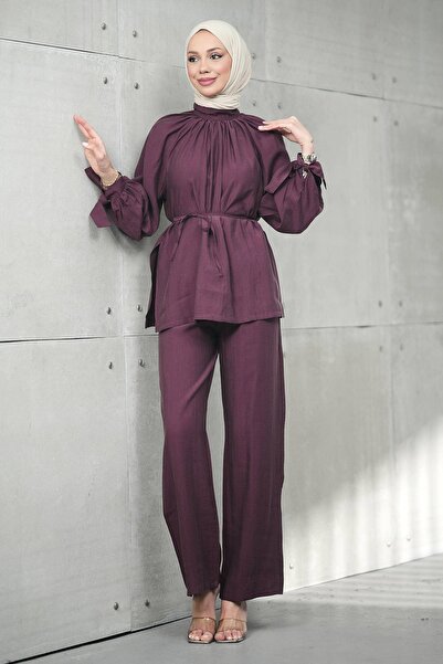 İmajButik Σετ Μπορντό Bel Με δέσιμο Tunic με Παντελόνι Tensel