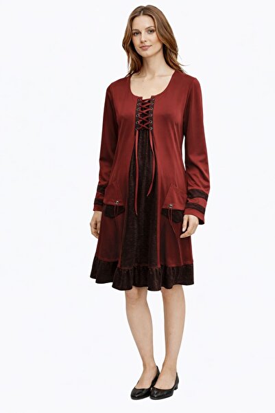 Desen Hamile Giyim Yaka Detayı Bağcıklı Bordo Hamile Elbise