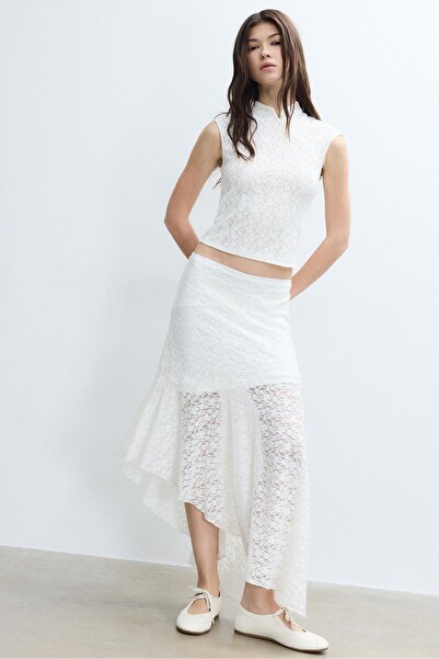 Stradivarius Asimetrik dantel midi etek
