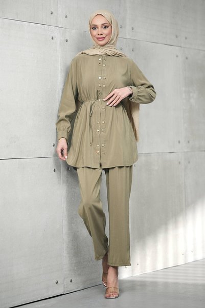 İmajButik Khaki Button Detailed Tunic and Trousers Set