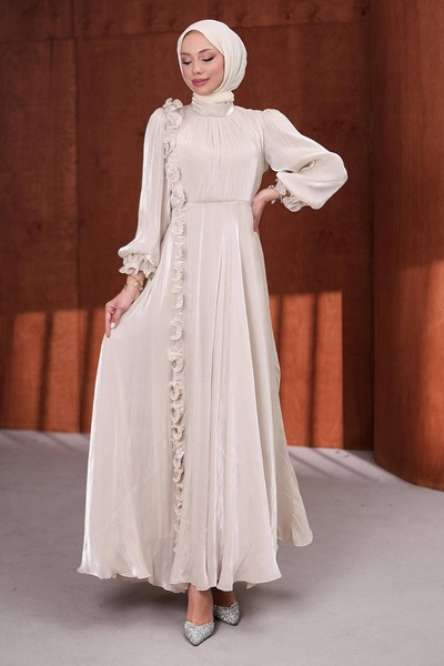 İmajButik Stone Waist Belt Piece Ruffled Janjan Evening Dress