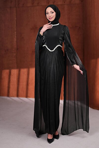 İmajButik Black Draped Front Evening Dress with Stones