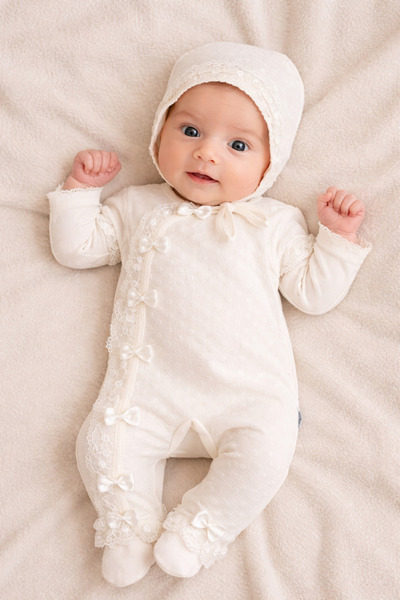 jijek baby kids Baby Girl Ecru Jumpsuit Set, Lace Pieces with Bow, Newborn Ho...