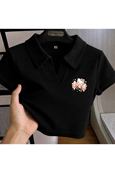 Gofeel Harajuku Summer Black Polo Collar Ribbon Spark Kitty Cropped