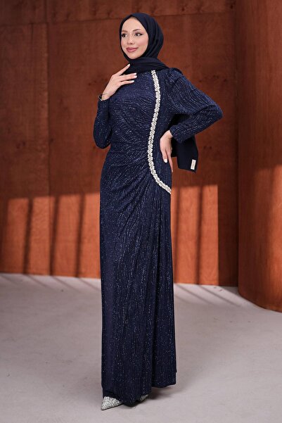 İmajButik Navy Blue Evening Dress with Stone Detail on the Front
