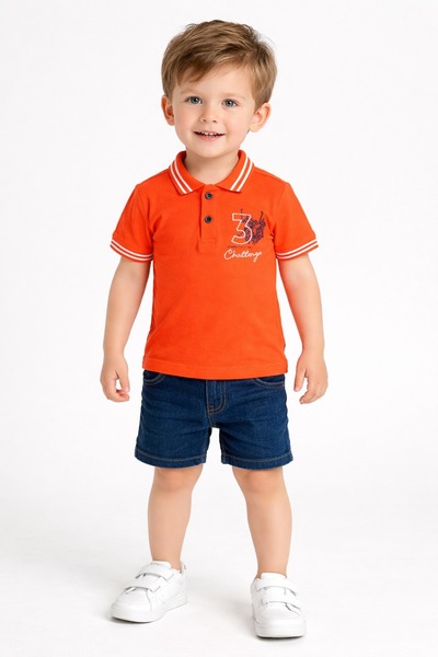 Chicsy Baby Baby Boy Polo Collar Orange T-Shirt Denim Shorts 2-Piece Summer Set