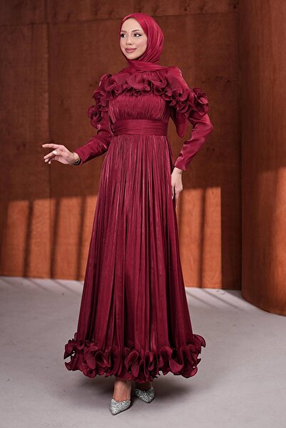 İmajButik Rochie de seară strălucitoare cu guler burgundy și volane la tiv