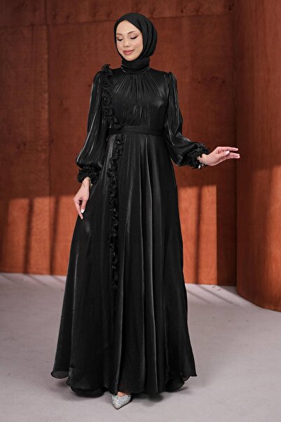 İmajButik Black Bel Belt Ruffled Janjan Evening Dress