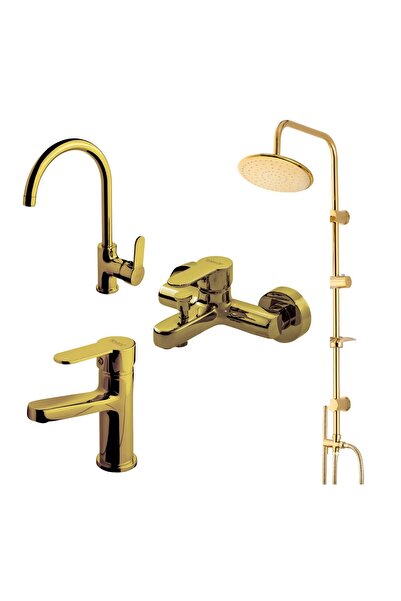 Newarc دومينو جولدن حنفية حوض الحمام ووحدة دش ذهبية مجموعة من 4 قطع 971528-97...