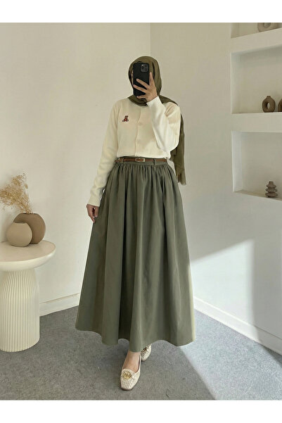 Naknaku Pocketed Belt Li Ruched Skirt-Khaki