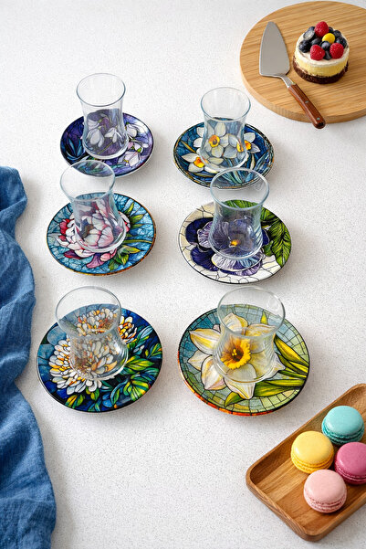 grandora طقم أطباق شاي بنقشة زهور - منقوش أكواب شاي زجاجية مع أطباق - إجمالي ...