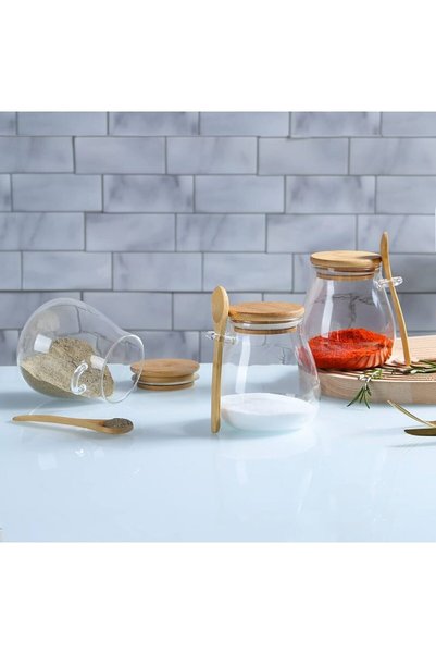 Generic Brand 3-Piece Chubby Borosilicate Glass Spice Jar Set with Bamboo Lids 350 -600-1000 ml