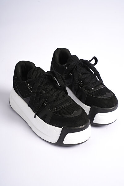 LEVONYA Venice Women's Black Lace-Up Thick Sole Sneakers Shoes