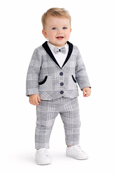Chicsy Baby Erkek Bebek Ekose Takım Elbise 3’lü Papyonlu Ceket Pantolon Şık K...
