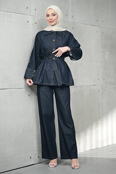 İmajButik Navy Blue Belted Jacket and Trousers Denim Suit