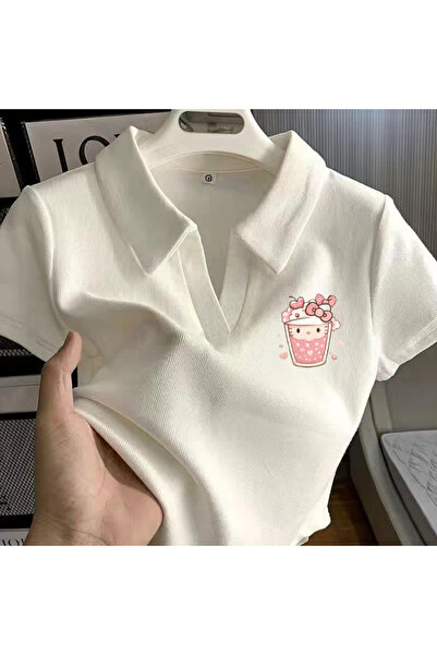 Gofeel Harajuku Summer White Polo Collar Pink Soda Kitty Cropped