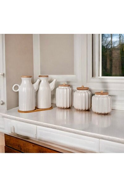 Saule 6 Parça Bambu Standlı 2’li 1000 ml Yağdanlık Ve 3’lü Porselen Çay Şeker...