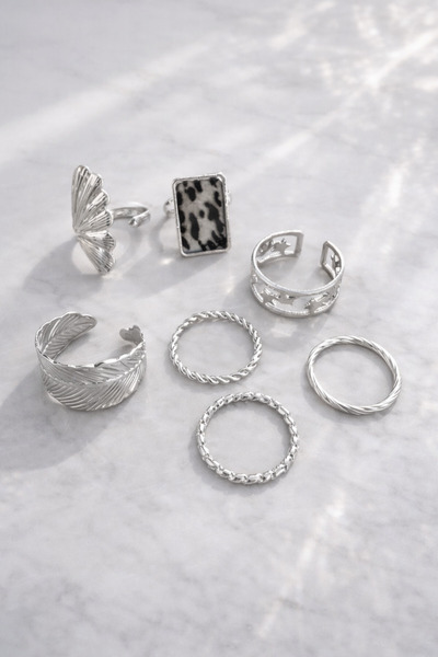 Retrobird Vintage Style Golden Romance 7-Piece Ring Set Women's Silver Color