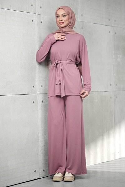 İmajButik Gül Kurusu Bel Tie-Detail Tunic with Trousers Modal Set