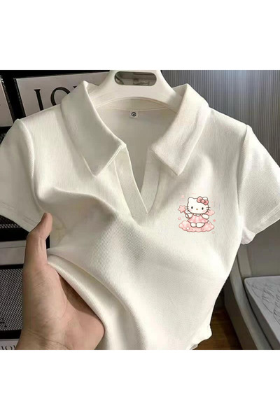 Gofeel Harajuku Summer White Polo Neck Blush Hug Kitty Cropped