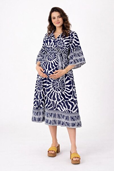 Park Moda %100 Pamuklu Kadın Kuşaklı ve Cepli Yazlık Lacivert Gömlek Yaka Ham...