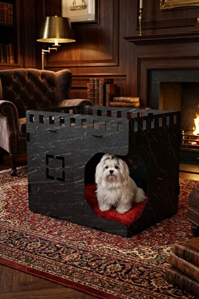 Evene Ahşap Köpek Kulübesi Dekoratif Köpek Evi Siyah Mermer Renk Küp Model