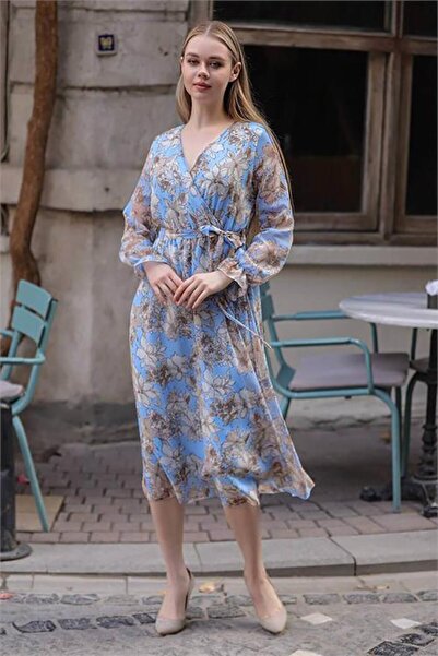 Dipmoda Women's Blue Double-Breasted Collar Floral Print Midi Dress Dprssn29