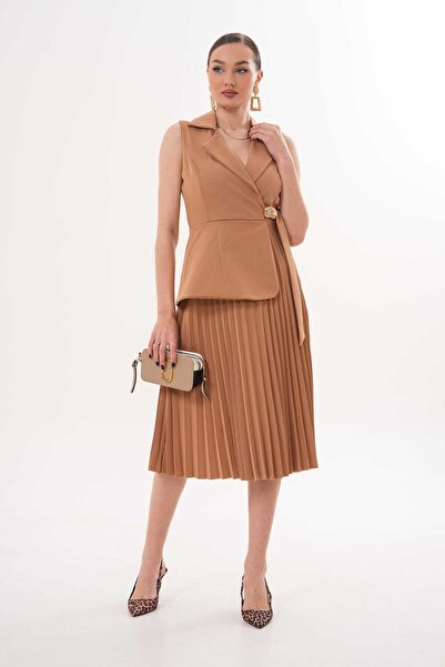 CİXAPLE Sleeveless Collared Pleated Dress