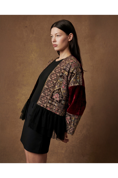 FAAYRA fashionhouse Bordo Brokar Kadın Ceket – Kadife ve Tül Volan Detaylı