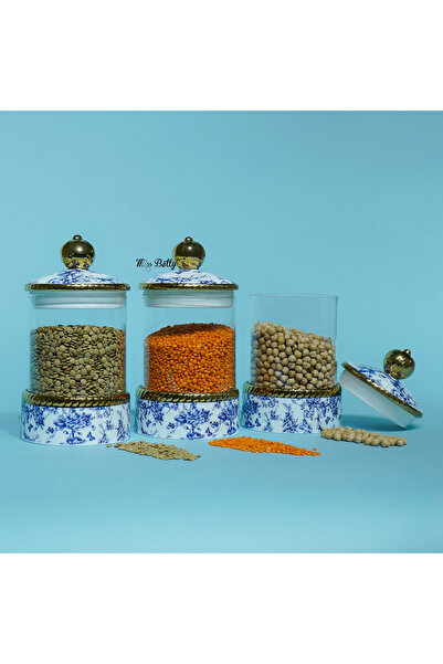 Miss Betty Blue Life 3-Piece Glass Porcelain Flat Jar Set