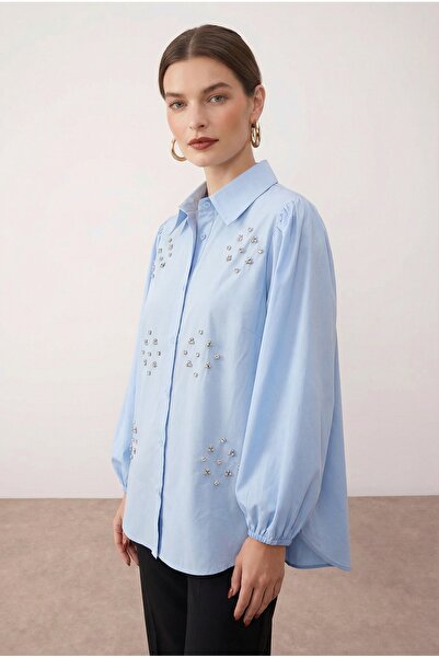 Purpleclo Kadın Balon Kol Taşlı Bebe Mavi Boyfriend Gömlek (Tunik Gömlek)