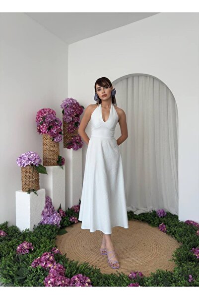 ETİKAFASHION Halter Yaka Kloş Elbise