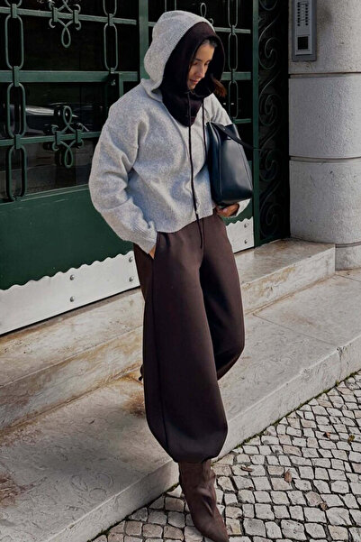 Madmext Acı Kahve Stoperli Barrel Fit Brushed Inside Women's Sweatpants Mg2687