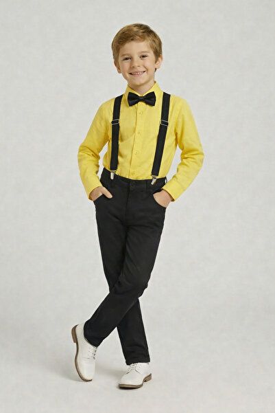 nacar çarşı Boy's Yellow Long Sleeve Shirt Black Pants Black Suspender Bow Ti...