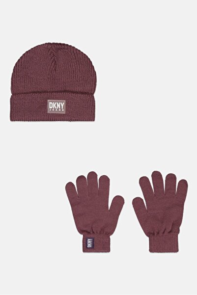 Dkny Jeans Kids Girl 2 Pcs Corchet Beanie And 1 Pair Gloves Set, Mauve