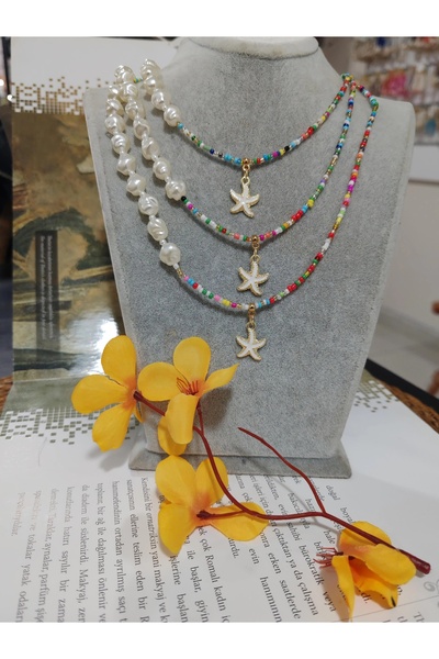 elbi bijuteri Colorful Star and Baby Pearl Duo Starfish Necklace