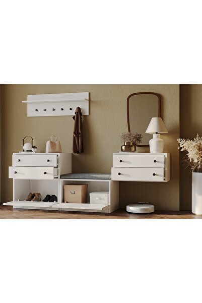 FOR WOMAN DESİGN Ahşap Antre Portmanto Seti 4 Çekmeceli Modern Beyaz Minderli...