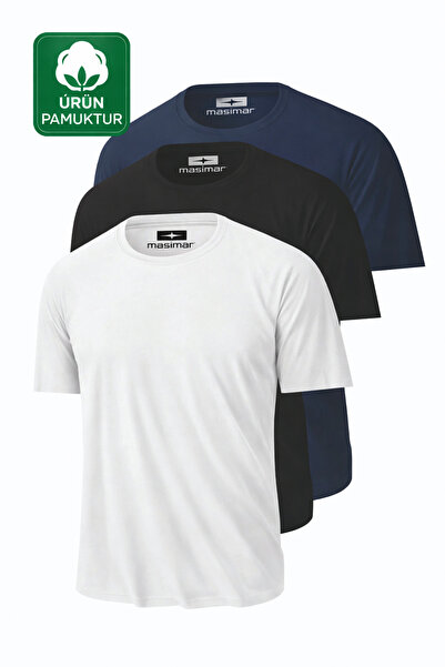 Masimar Men's 3-Pack Basic Black White Navy Blue T-Shirt Round Neck T-Shirt