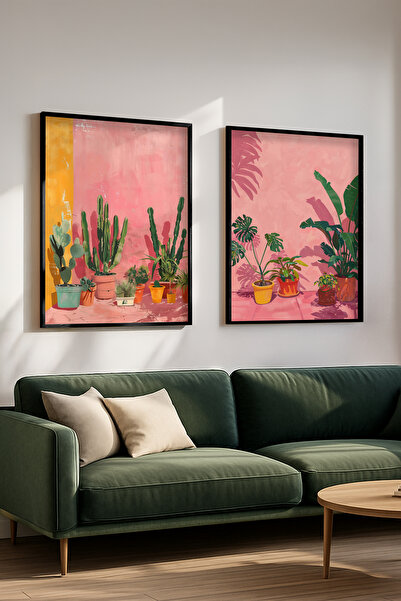 STARYUNA Black Wooden Framed Cactus and Tropical Plant Themed Double Painting...