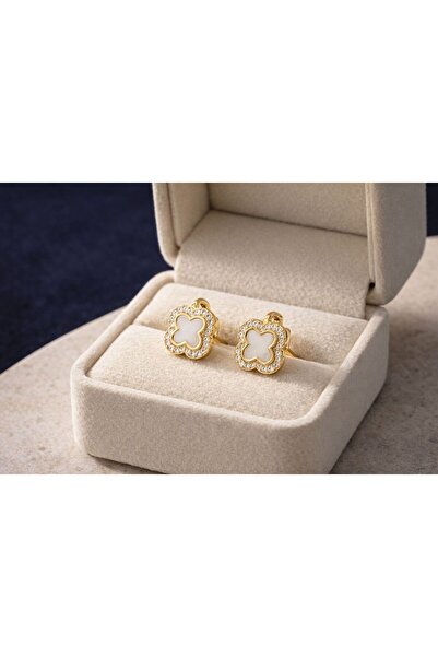 VerAmor Yonca Model Zirkon Taşlı Çelik Gold Küpe